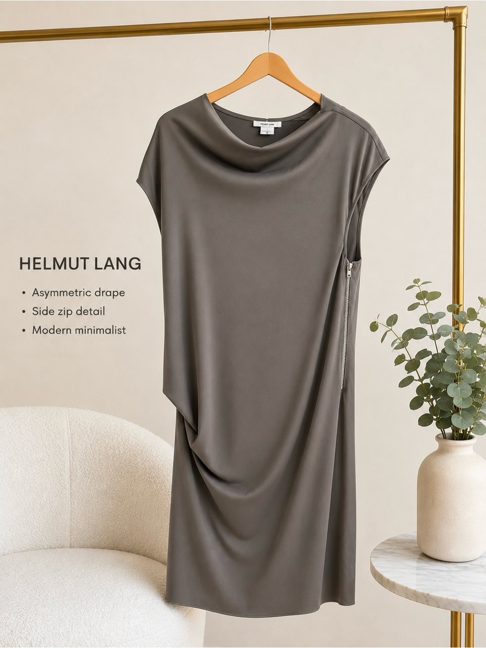 Helmut Lang Gray Asymmetric Drape Dress